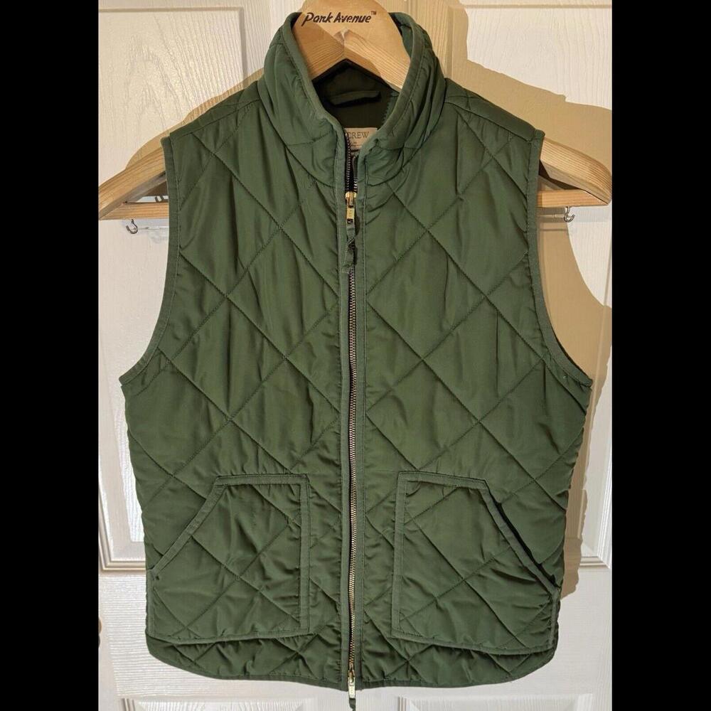 J Crew Size S Factory Quilted Puffer Vest Green Full Zip G7520  w/Pockets - A32